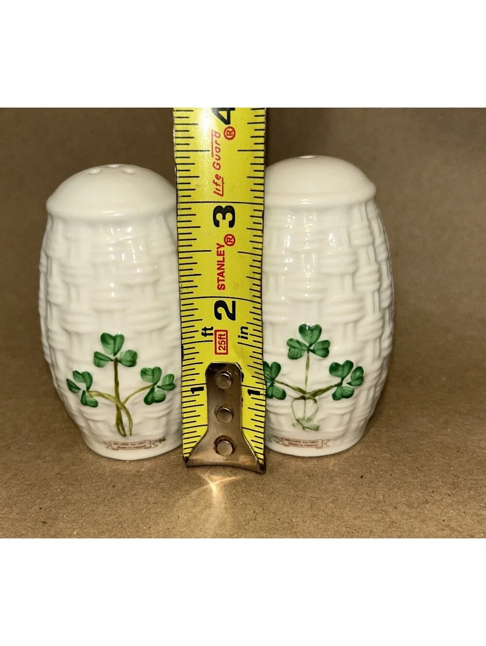 Belleek Ireland Vintage Porcelain Hand Painted Shamrock Salt & Pepper Shakers